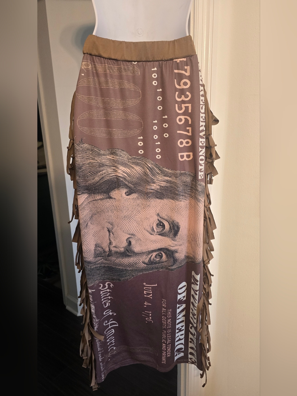 SHEIN Brown Money Graphic Fringe-Trim Midi Skirt - Size Small - Picture 2 of 4